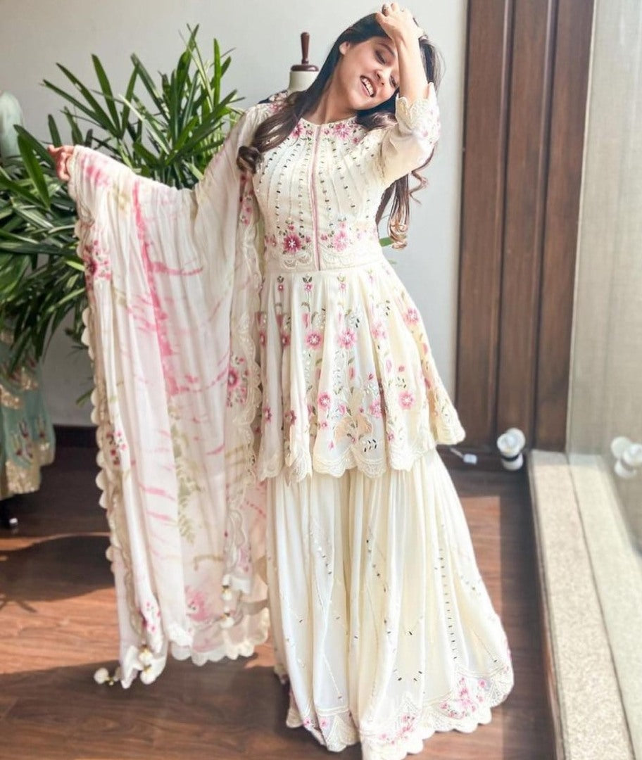 White georgette embroidered work suit with sharara