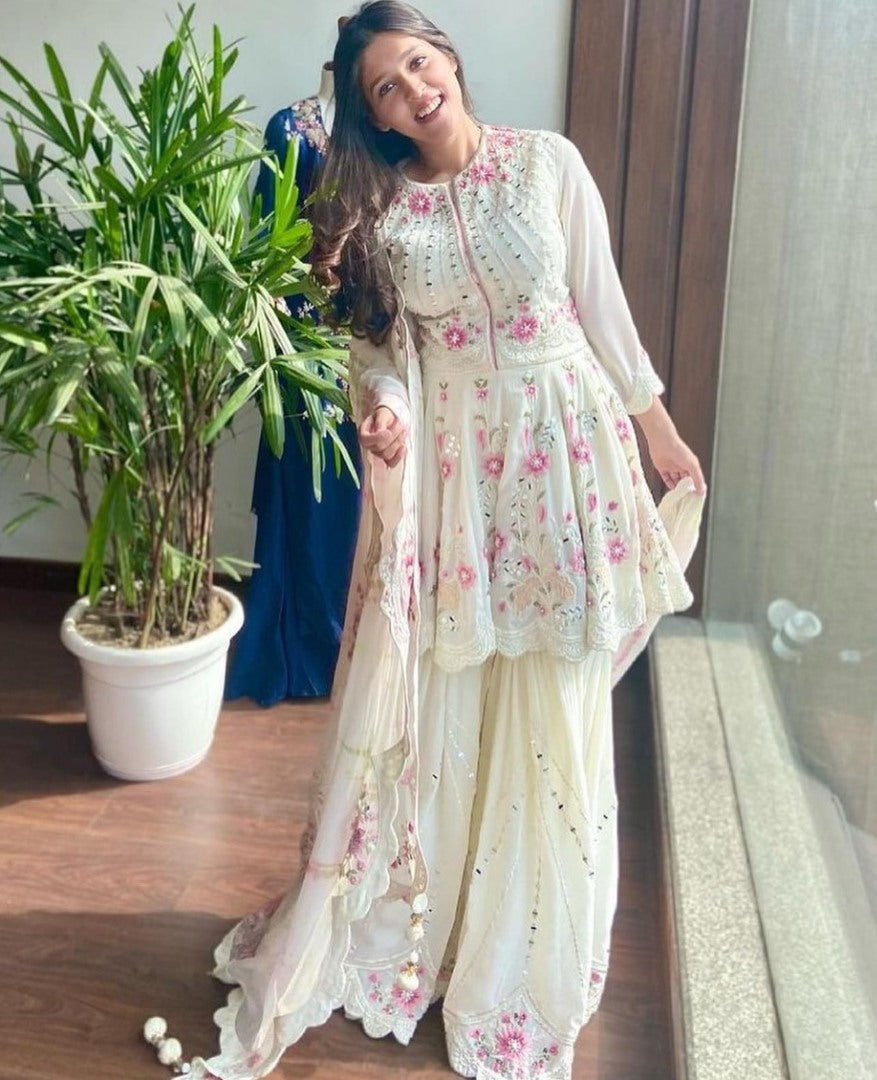 White georgette embroidered work suit with sharara