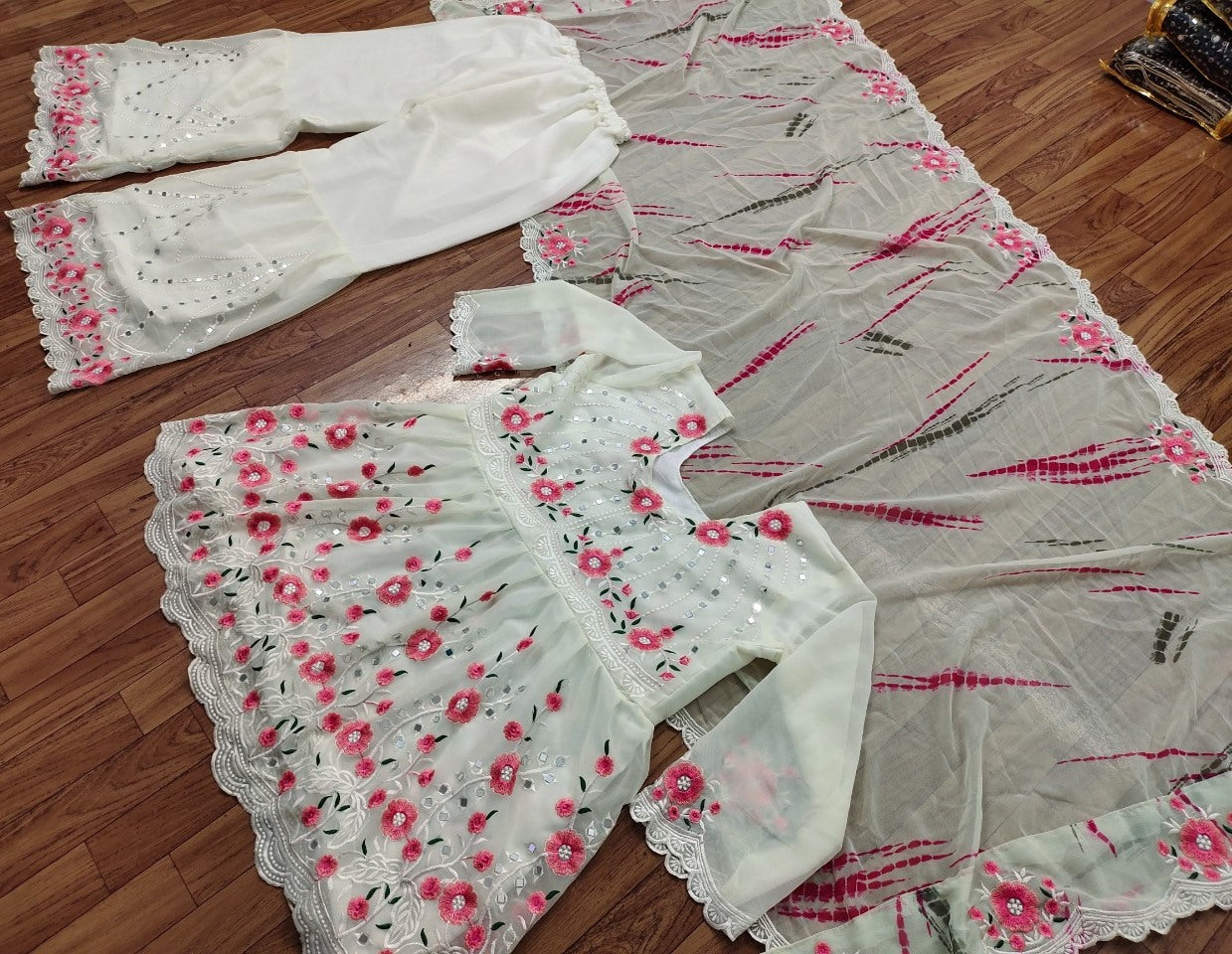 White georgette embroidered work suit with sharara