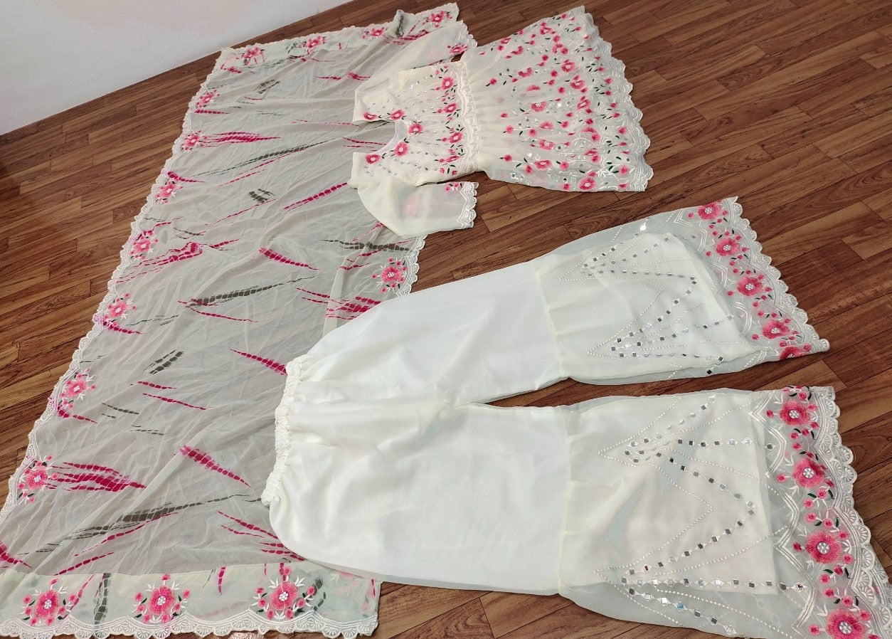 White georgette embroidered work suit with sharara