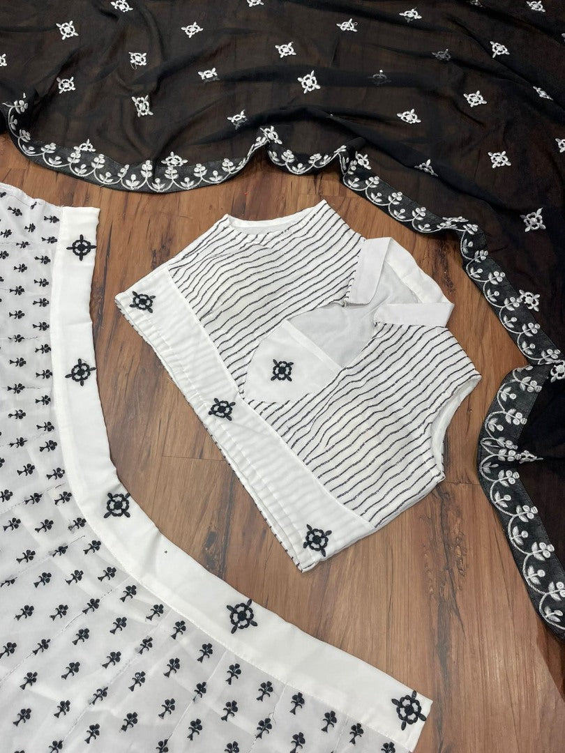 White georgette embroidery and sequence work lehenga choli