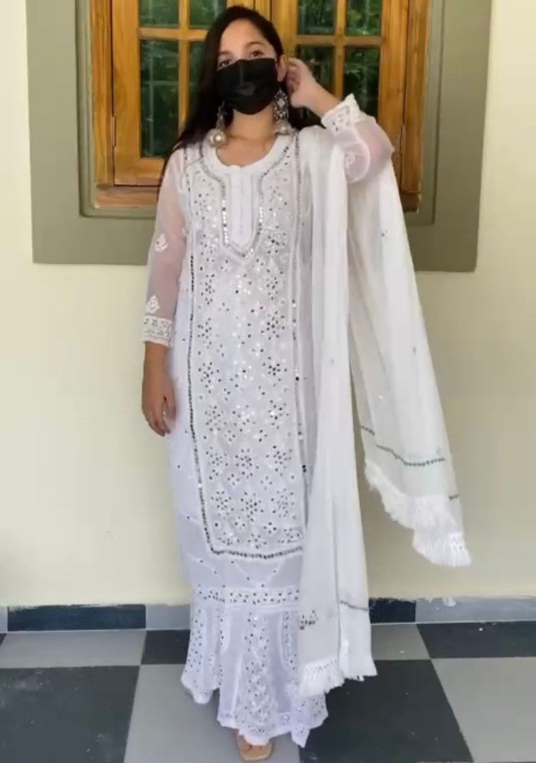 White georgette embroidery work mirror work plazzo suit