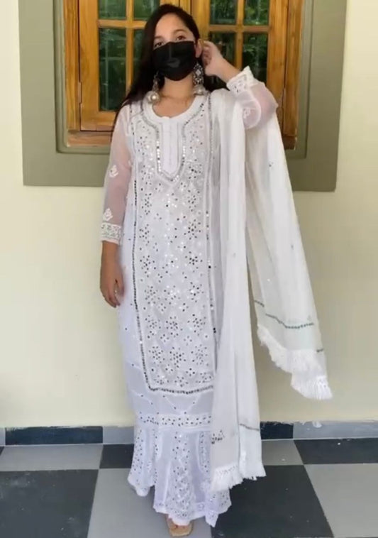 White georgette embroidery work mirror work plazzo suit