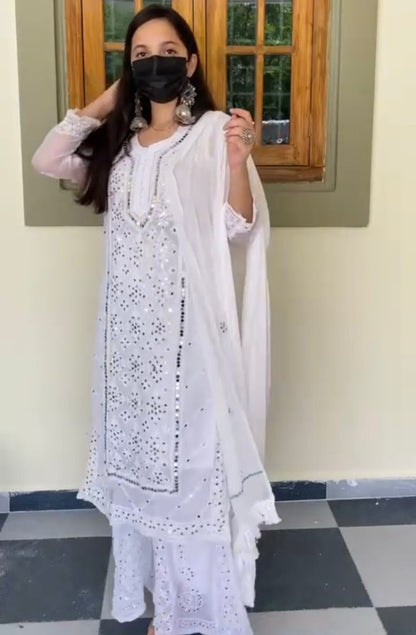 White georgette embroidery work mirror work plazzo suit