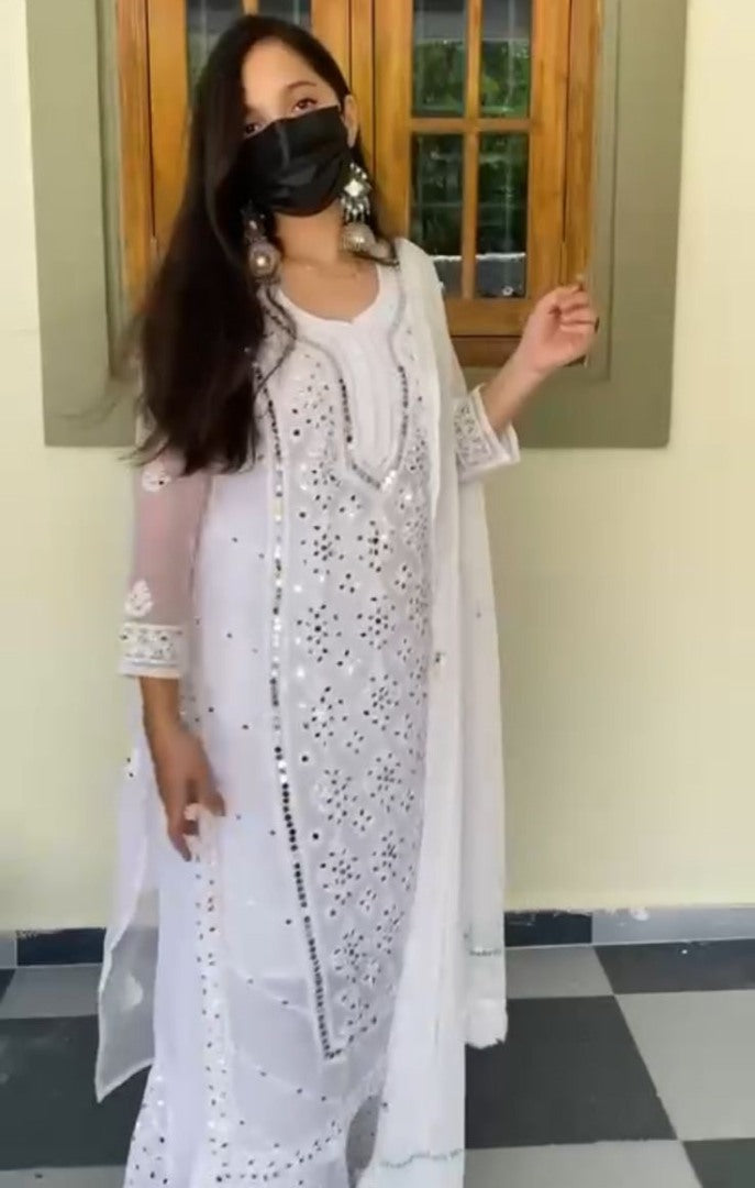 White georgette embroidery work mirror work plazzo suit