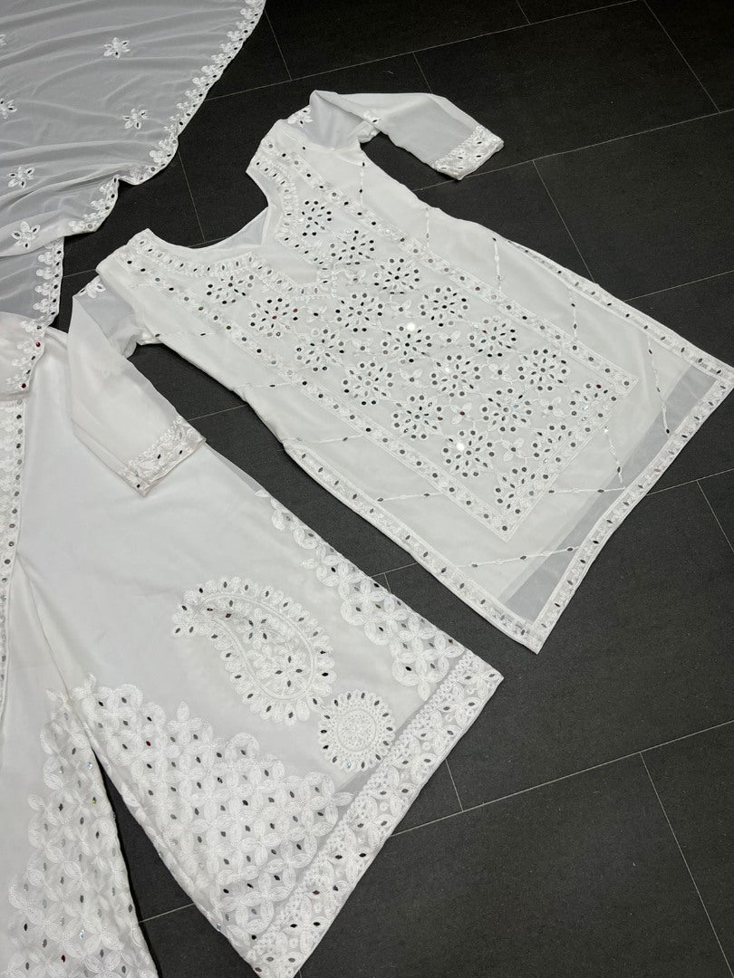 White georgette embroidery work mirror work plazzo suit