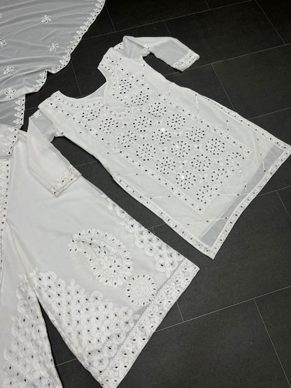 White georgette embroidery work mirror work plazzo suit