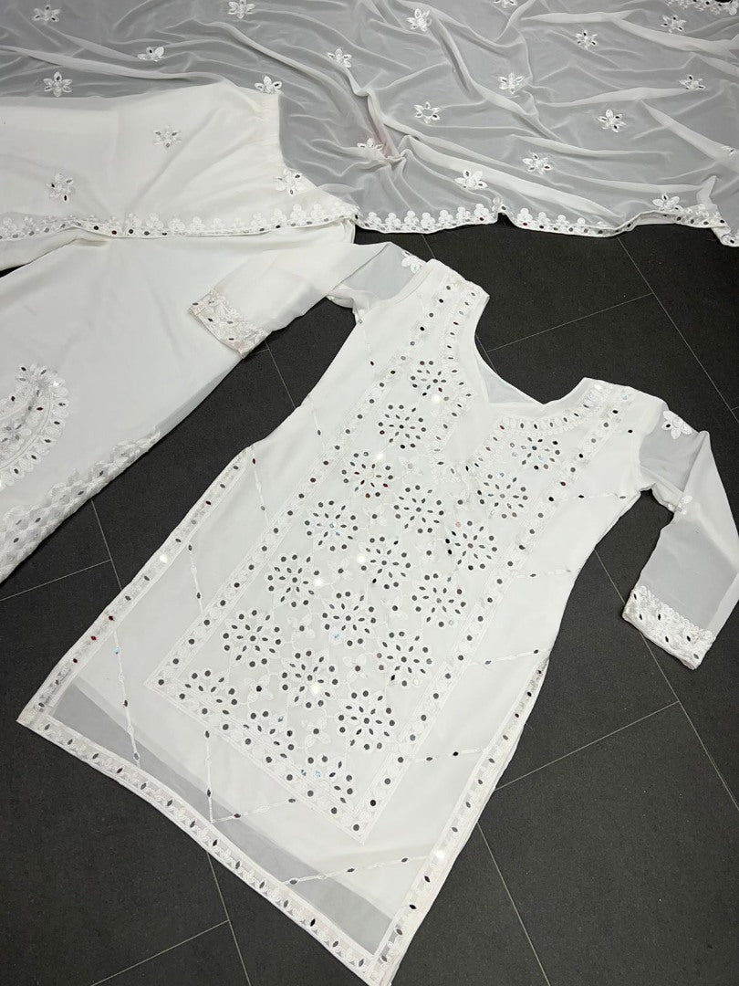 White georgette embroidery work mirror work plazzo suit