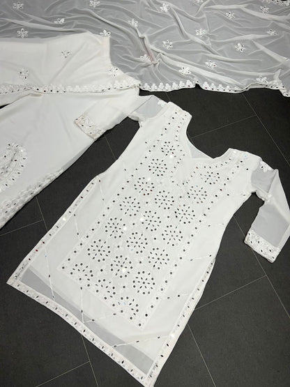 White georgette embroidery work mirror work plazzo suit