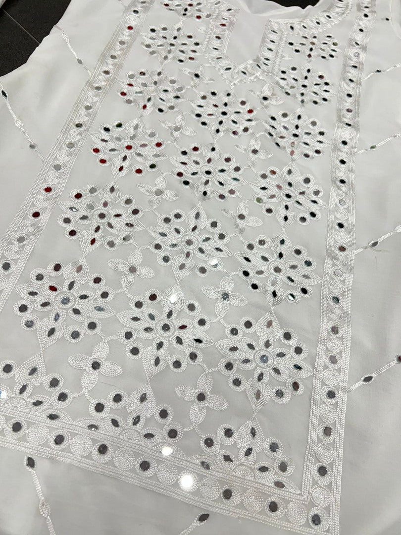 White georgette embroidery work mirror work plazzo suit