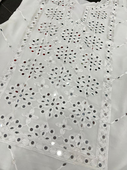 White georgette embroidery work mirror work plazzo suit