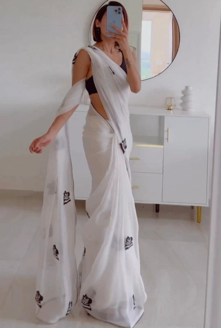 White georgette embroidery work saree