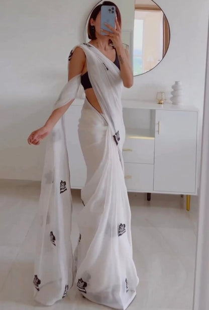 White georgette embroidery work saree