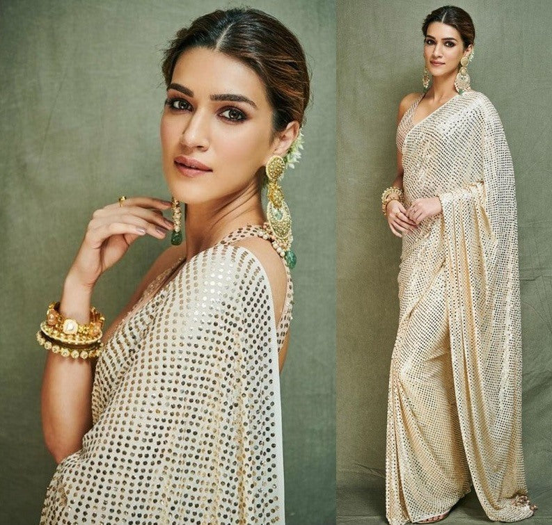 White georgette fancy sparkle material work designer saree