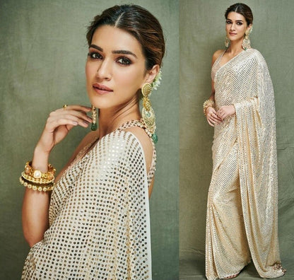 White georgette fancy sparkle material work designer saree