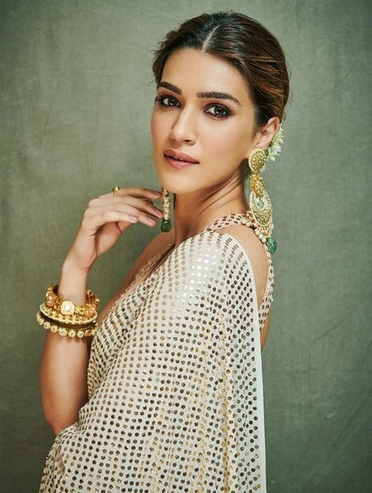 White georgette fancy sparkle material work designer saree