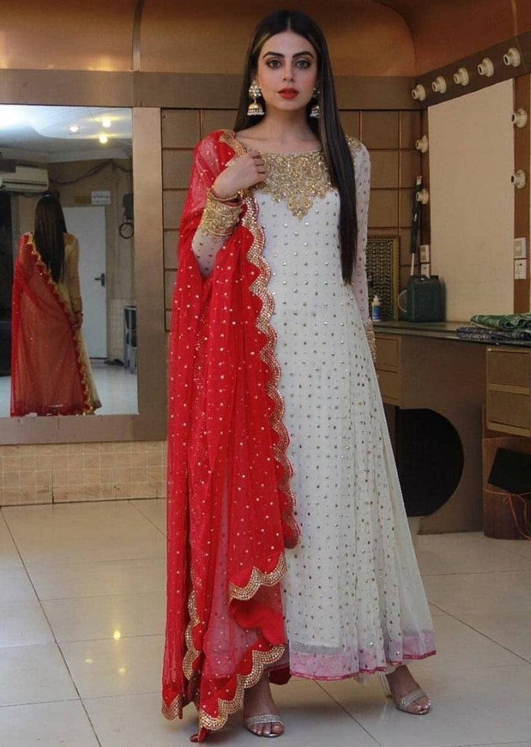 White georgette fancy thread and foil printed gown with dupatta