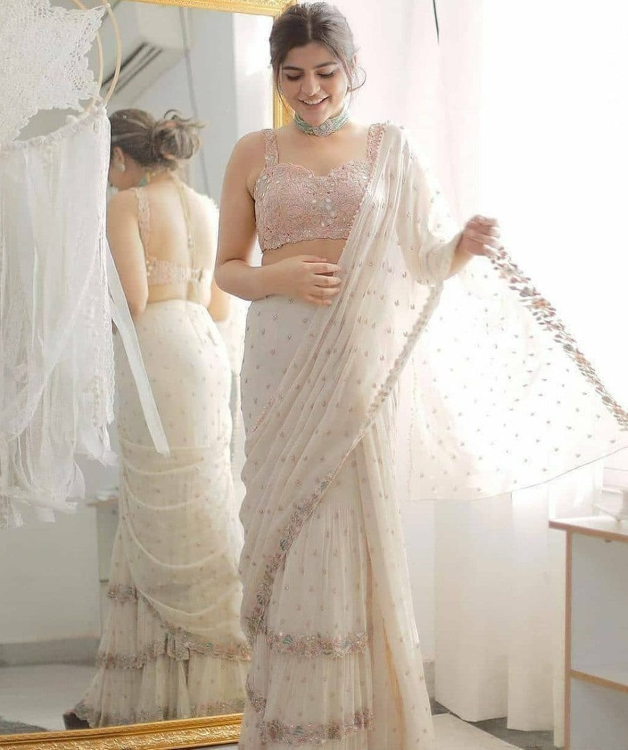 White georgette fancy thread and miror work ruffle saree