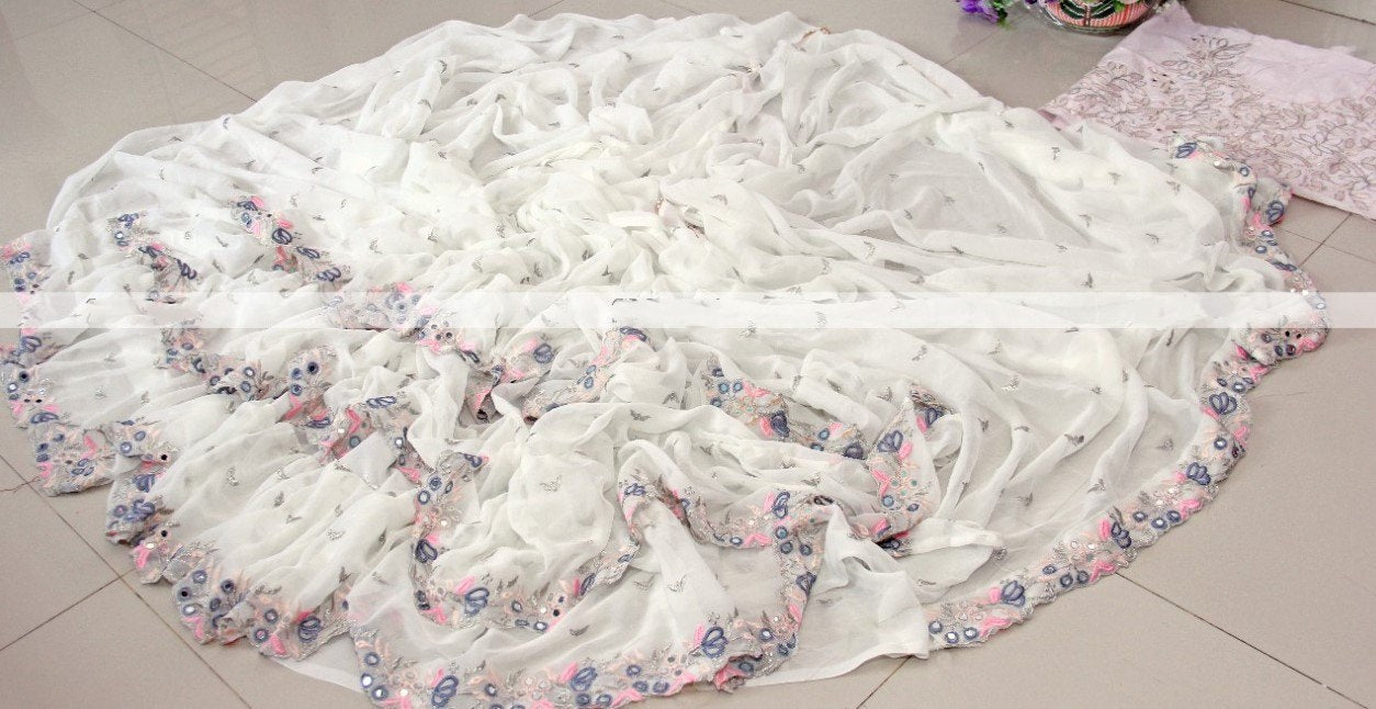 White georgette fancy thread and miror work ruffle saree