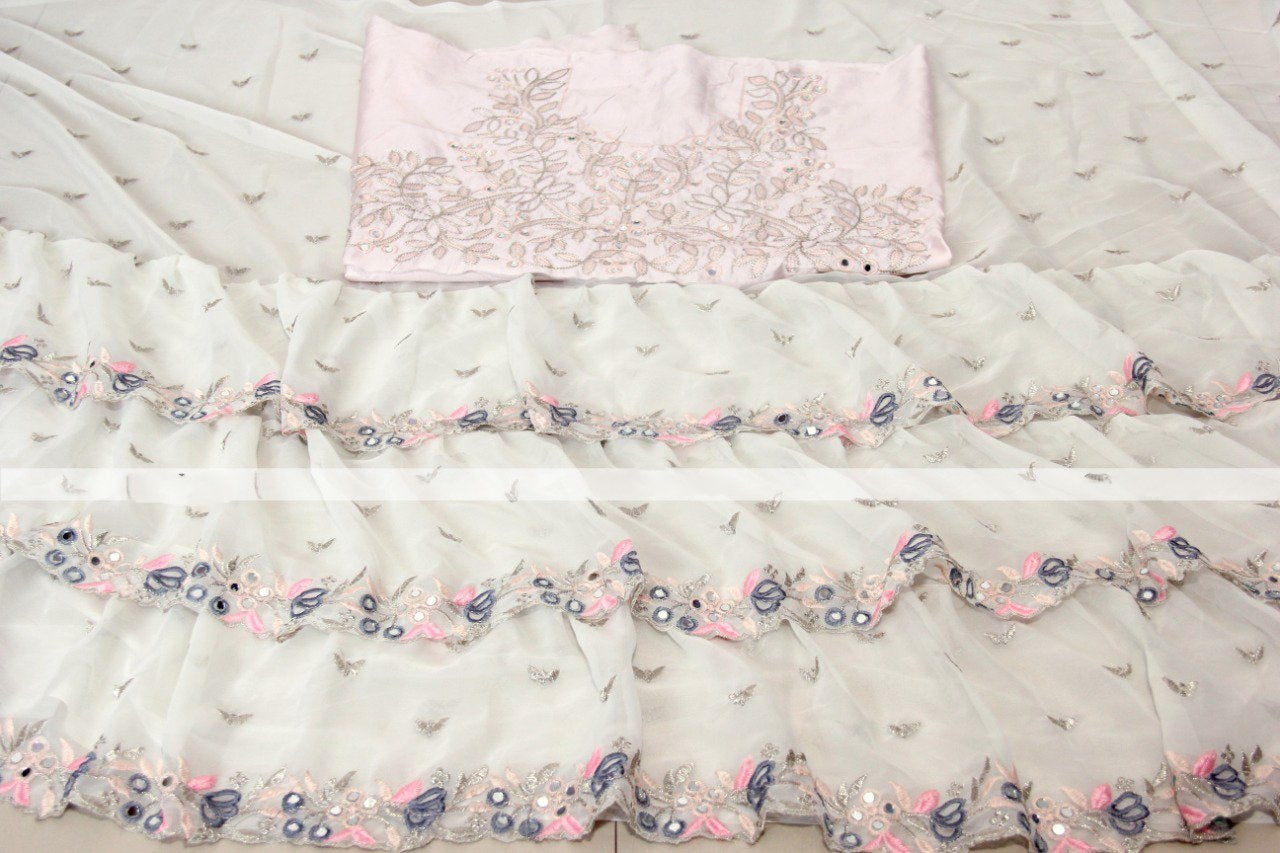 White georgette fancy thread and miror work ruffle saree