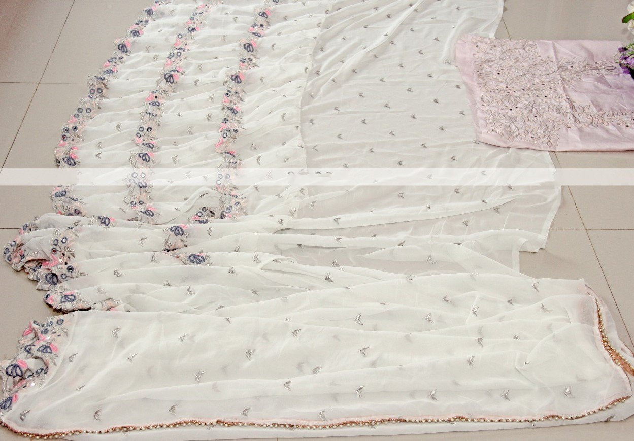 White georgette fancy thread and miror work ruffle saree
