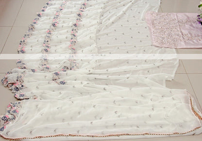 White georgette fancy thread and miror work ruffle saree