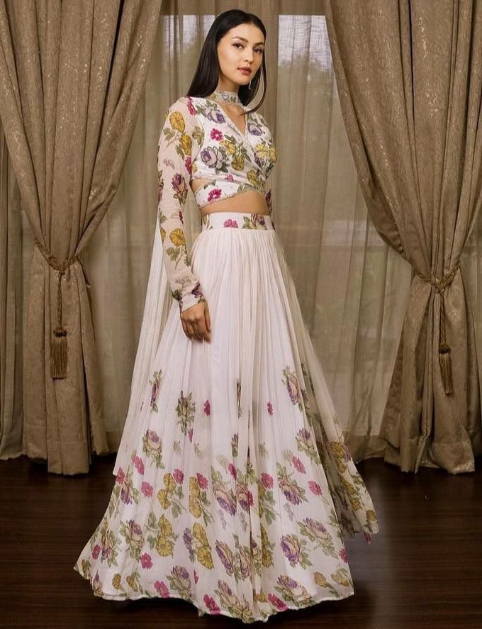 White georgette floral digital printed lehenga choli