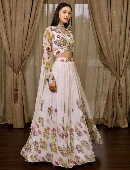 White georgette floral digital printed lehenga choli
