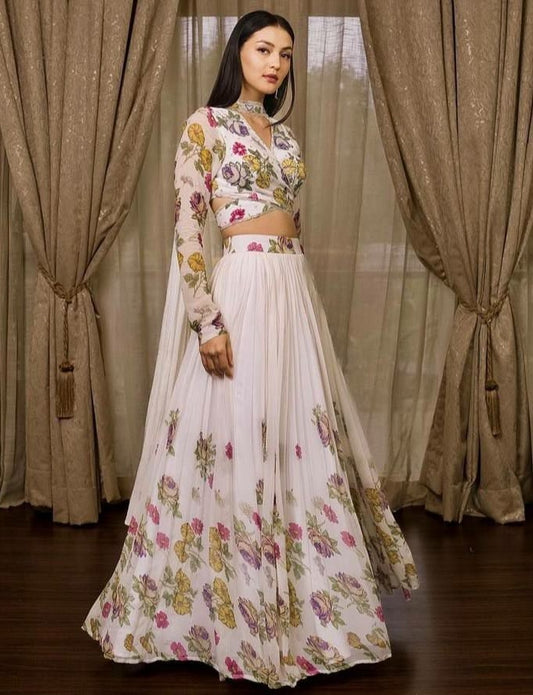 White georgette floral digital printed lehenga choli