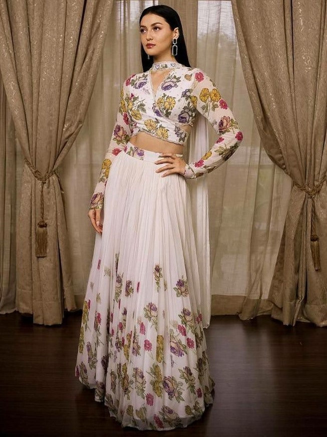 White georgette floral digital printed lehenga choli