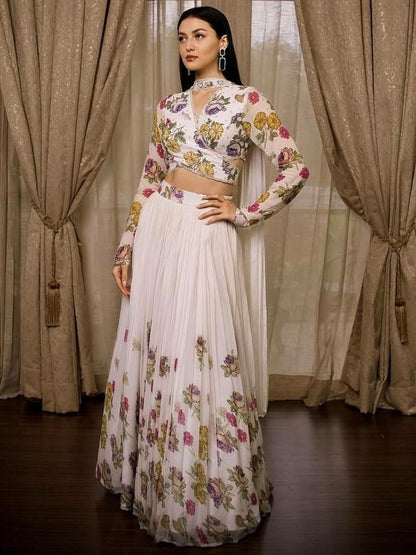White georgette floral digital printed lehenga choli