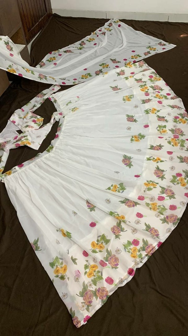 White georgette floral digital printed lehenga choli