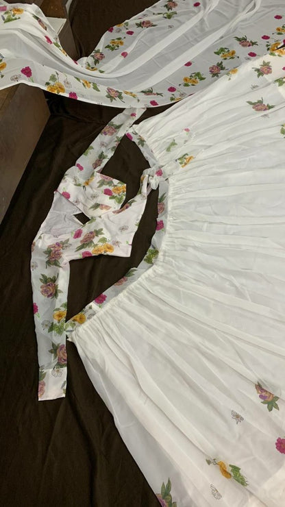White georgette floral digital printed lehenga choli
