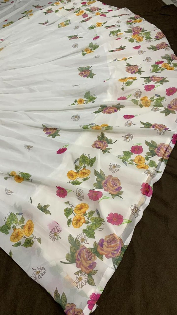 White georgette floral digital printed lehenga choli