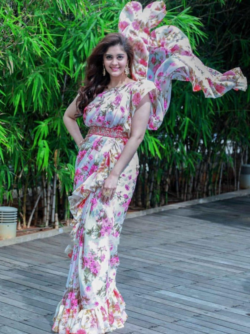White georgette floral digital printed ruffle saree