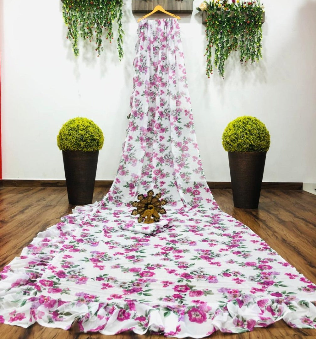 White georgette floral digital printed ruffle saree