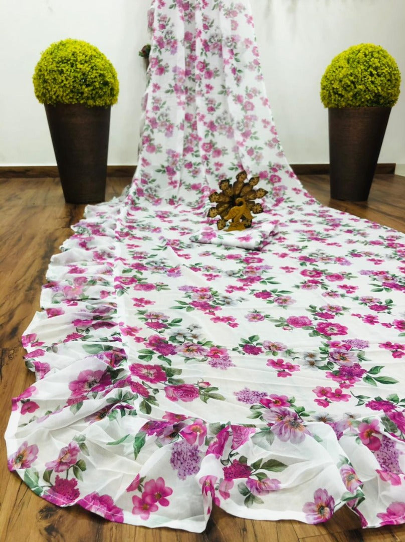 White georgette floral digital printed ruffle saree