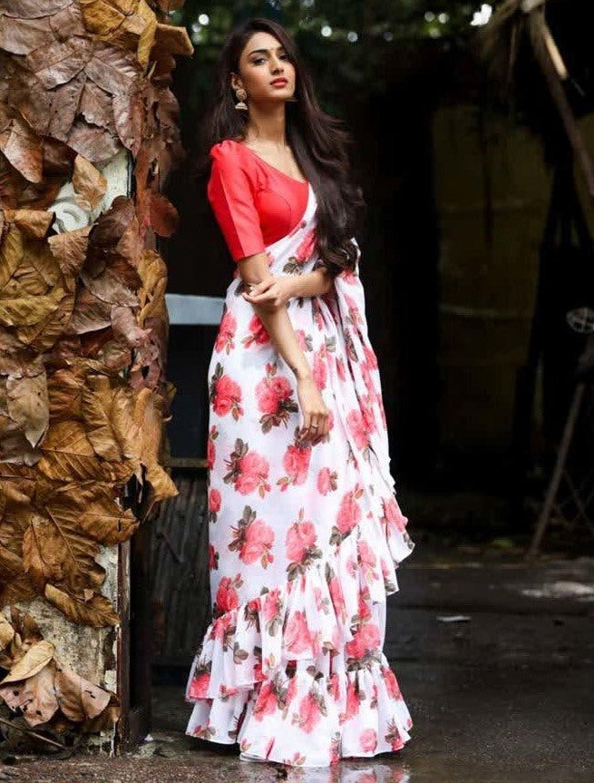 White georgette floral digital printed saree