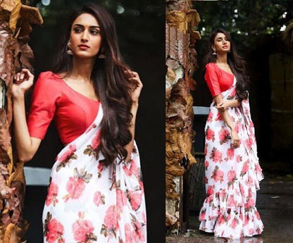 White georgette floral digital printed saree