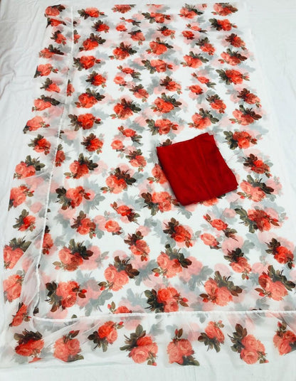 White georgette floral digital printed saree