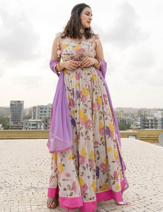 White georgette floral printed anarkali suit