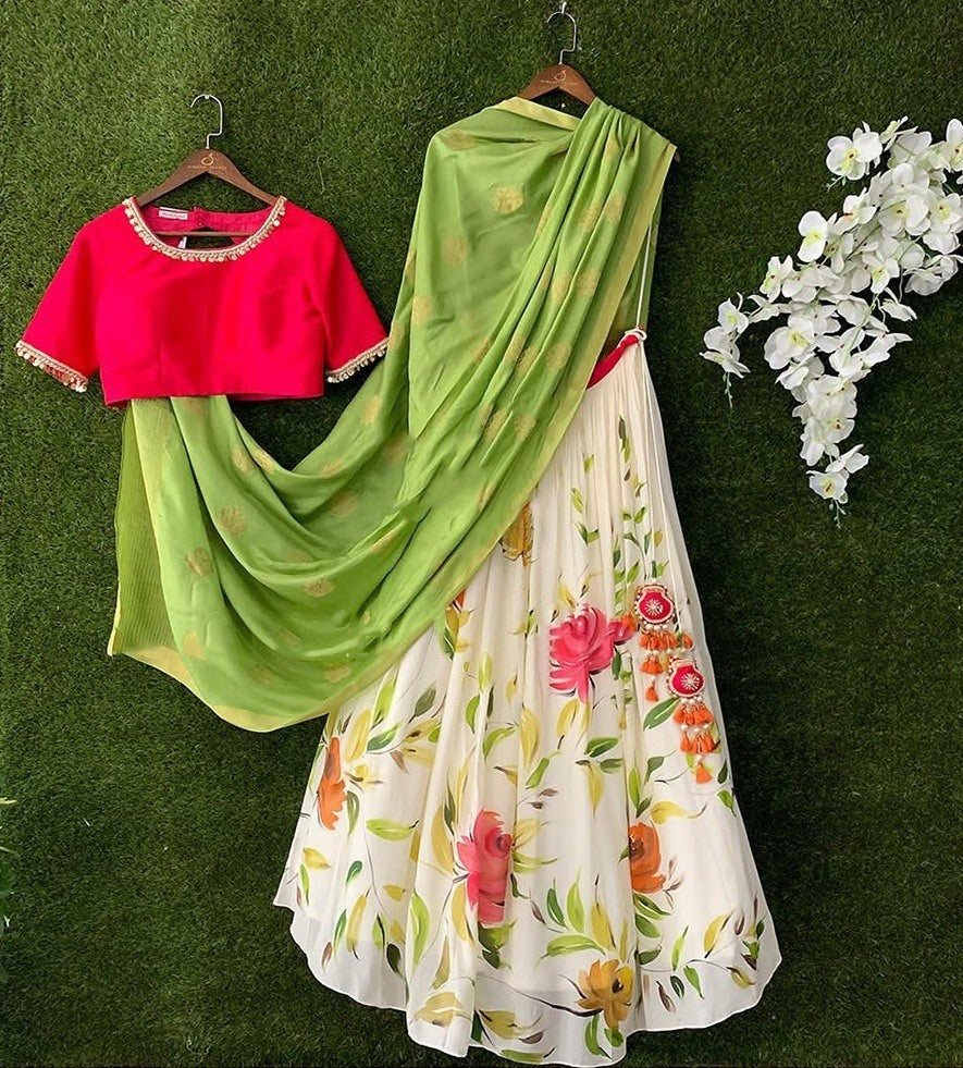 White georgette floral printed beautiful lehenga choli