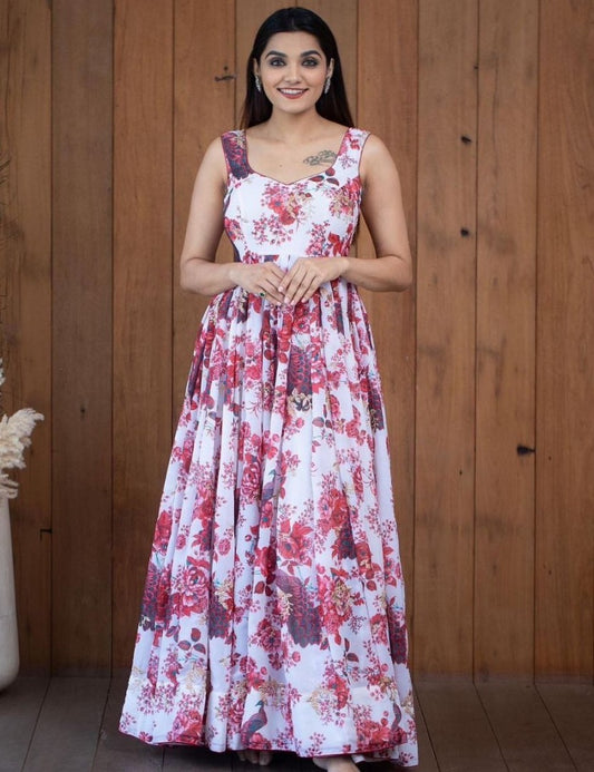 White georgette floral printed gown