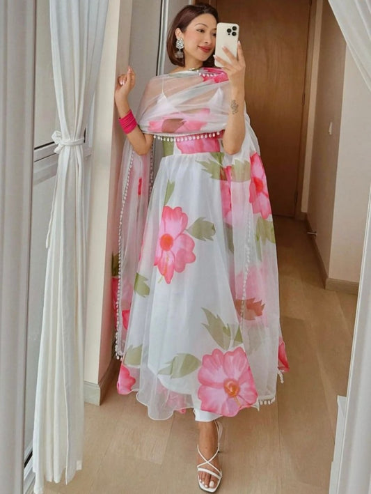 White georgette floral printed gown