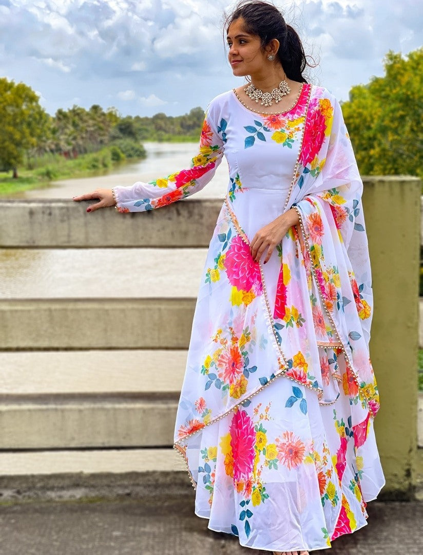 White georgette floral printed gown