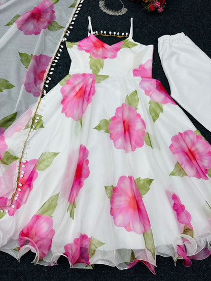 White georgette floral printed gown