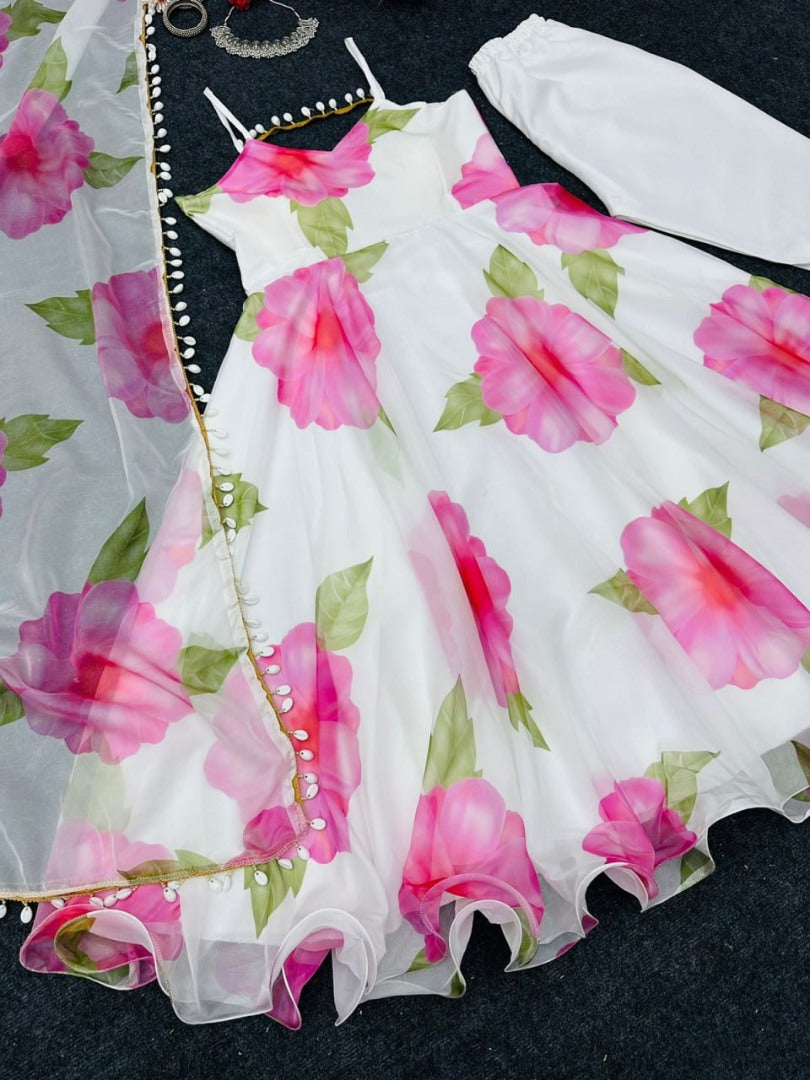 White georgette floral printed gown