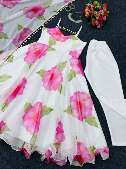 White georgette floral printed gown