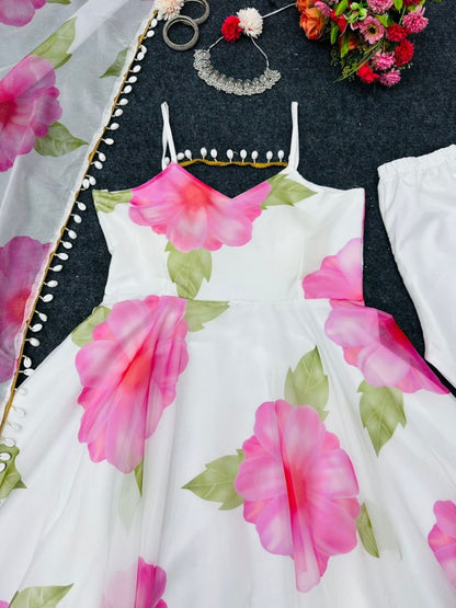 White georgette floral printed gown