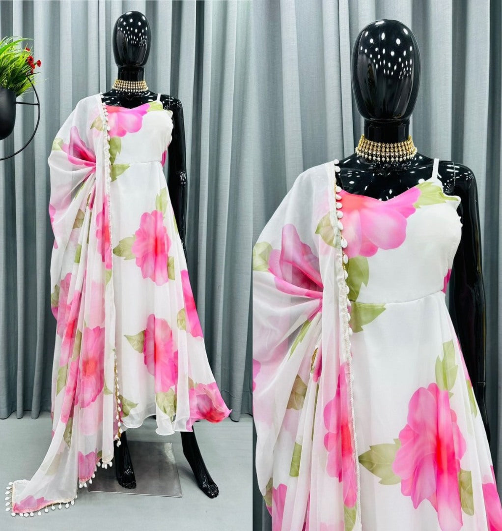 White georgette floral printed gown